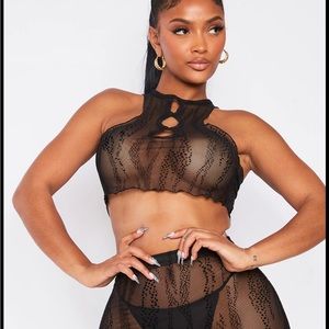 Black Shape Flocked Mesh Cut Out Top & Mini Skirt (set)